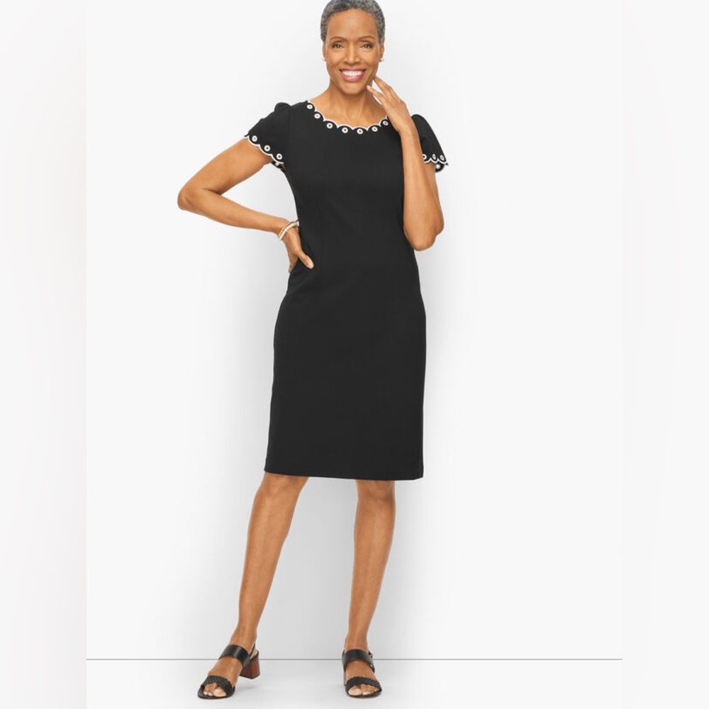TALBOTS Petites Ponte Knit A-Line Dress White Embroidered Trim | Size 10P